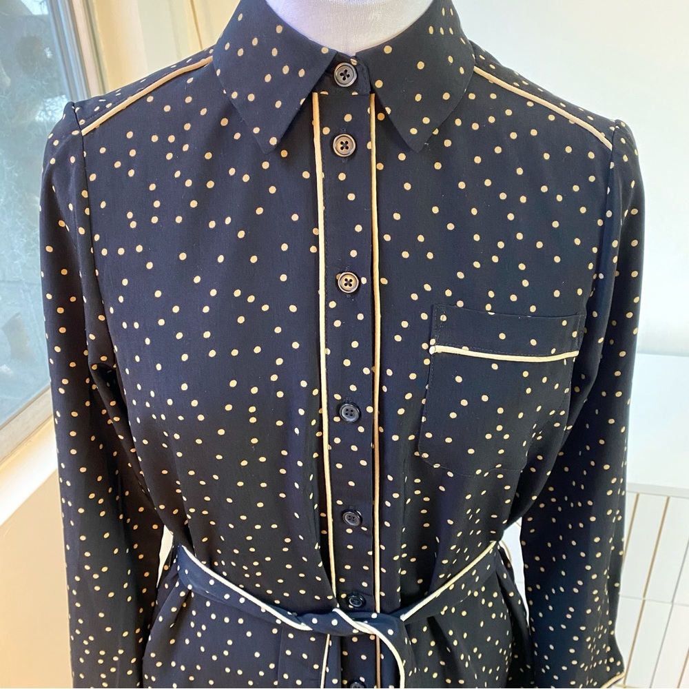 Who What Wear Polka Dot Piped Shirt Dress Black/ Taupe, Size S - Picture 4 of 9